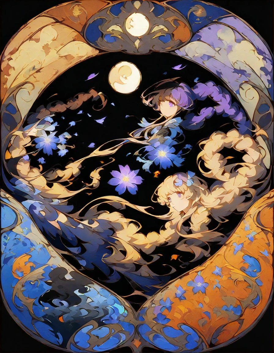 （Decorative paintings：1.6）、Light、Ink painting，ink，[（black background：1.5）：：0.25]，（Fractal Art：1.1），Blooming flowers，（Pop Art：1.4）、（Art Nouveau：1.1），night，Flower petals flutter，Moonlight，2 girls side by side hand heart gesture, yinji, purple hair, purple eyes, long hair, white hair, double braids, gradient hair,，Wearing a Kimono，(Heterochromia of the Eyes)，Purple and eyes，（masterpiece，quality，最佳quality，Official Art，Beauty and aesthetics：1.2），Very detailed，（dispute：1.2），（hexagon：1.4），Blue Background，（Traditional Chinese embroidery fabrics：1.2）、Skin Light、（Multicolor：1.4）。