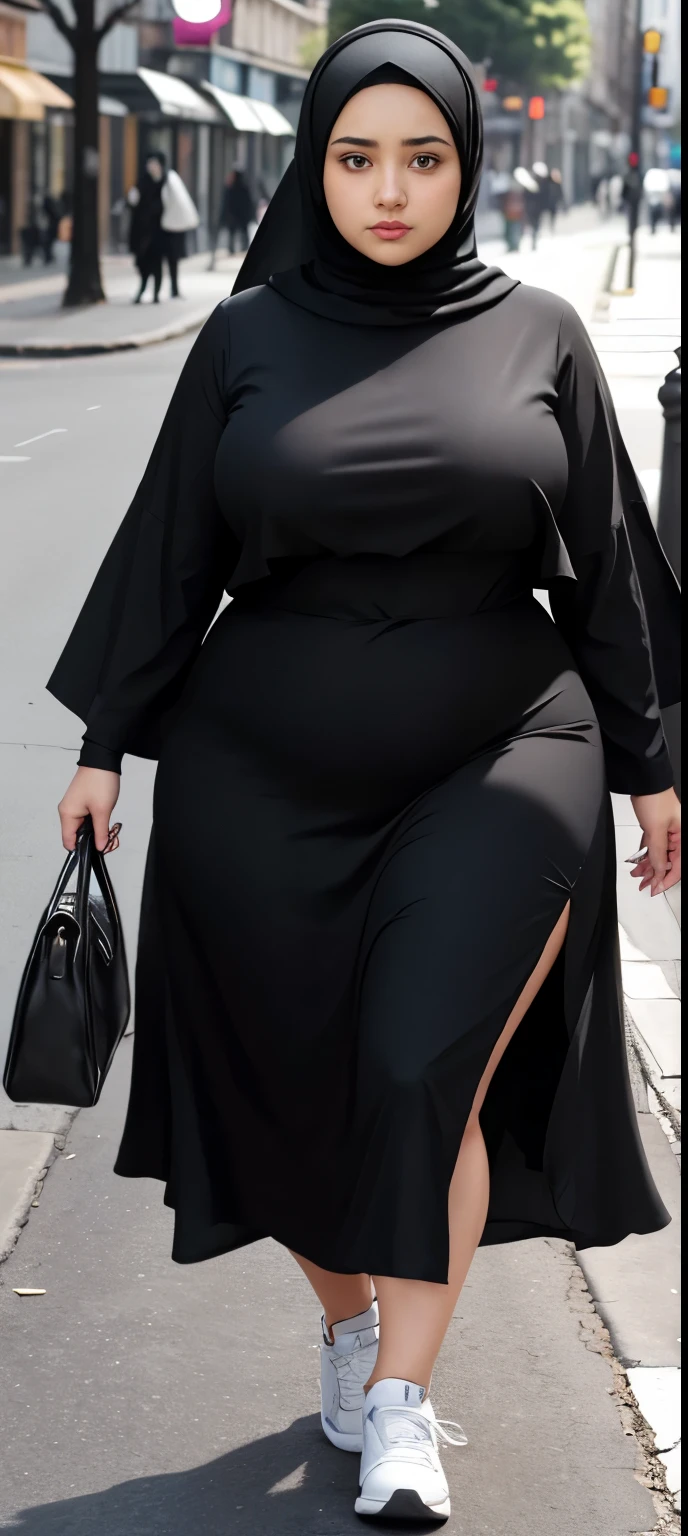  woman in  black dress and hijab walking down the street, ,  hijab outfit, ,  hijab fashion model, plus size, plus size woman, ,  woman in black robes, beautiful woman, thicc, black outfit,, bbwchan , white sneakers 