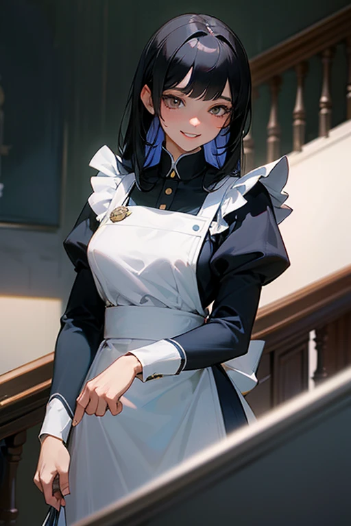 (Highest Resolution, clear_image) highest quality, One woman, alone, masterpiece, Very detailed, Semi-realistic, Black Hairのショートヘア, Black Hair, bangs, 18-year-old, mature, light blue uniform, uniform, Indoor Background, kind, Authoritative, Powerful, exquisite features, exquisite features、Eyelashes become longer、Showing teeth、smile😀、Maid clothes、woman'Fingers in the、Sleeping on the sofa、Long Hair、Fluttering in the wind、Navy blue clothes、Long Hair、