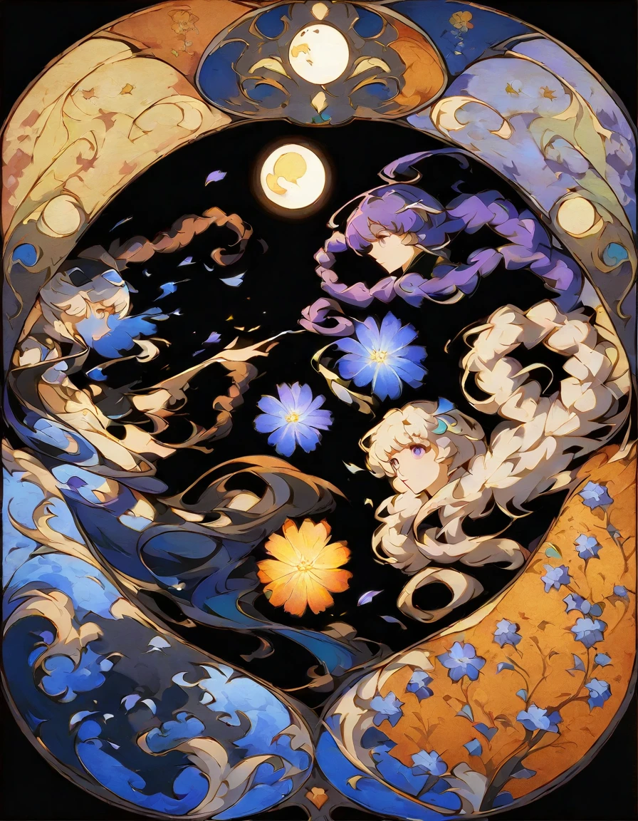 （Decorative paintings：1.6）、Light、Ink painting，ink，[（black background：1.5）：：0.25]，（Fractal Art：1.1），Blooming flowers，（Pop Art：1.4）、（Art Nouveau：1.1），night，Flower petals flutter，Moonlight，2 girls side by side hand heart gesture, yinji, purple hair, purple eyes, long hair, white hair, double braids, gradient hair,，Wearing a Kimono，(Heterochromia of the Eyes)，Purple and eyes，（masterpiece，quality，最佳quality，Official Art，Beauty and aesthetics：1.2），Very detailed，（dispute：1.2），（hexagon：1.4），Blue Background，（Traditional Chinese embroidery fabrics：1.2）、Skin Light、（Multicolor：1.4）。