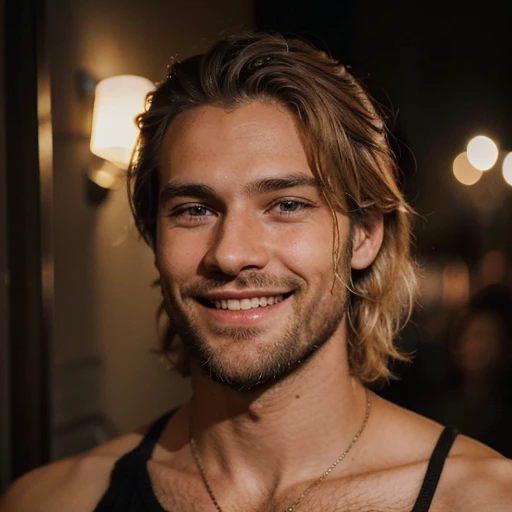 Imaginez un homme habile portant une blonde aux cheveux noirs et une barbe avec un sourire