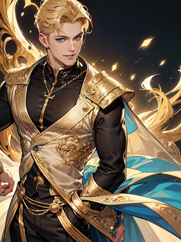 {(best quality, 8k, masterpiece, HDR, soft lighting, perfect image, digital illustration, manhwa art, hyper detailed image, perfect lines, realistic)} 1 very handsome man, short blonde hair, blue eyes, dark skin, clothes luxury, (imposing posture, smiling), {(black background with golden sparkles)}