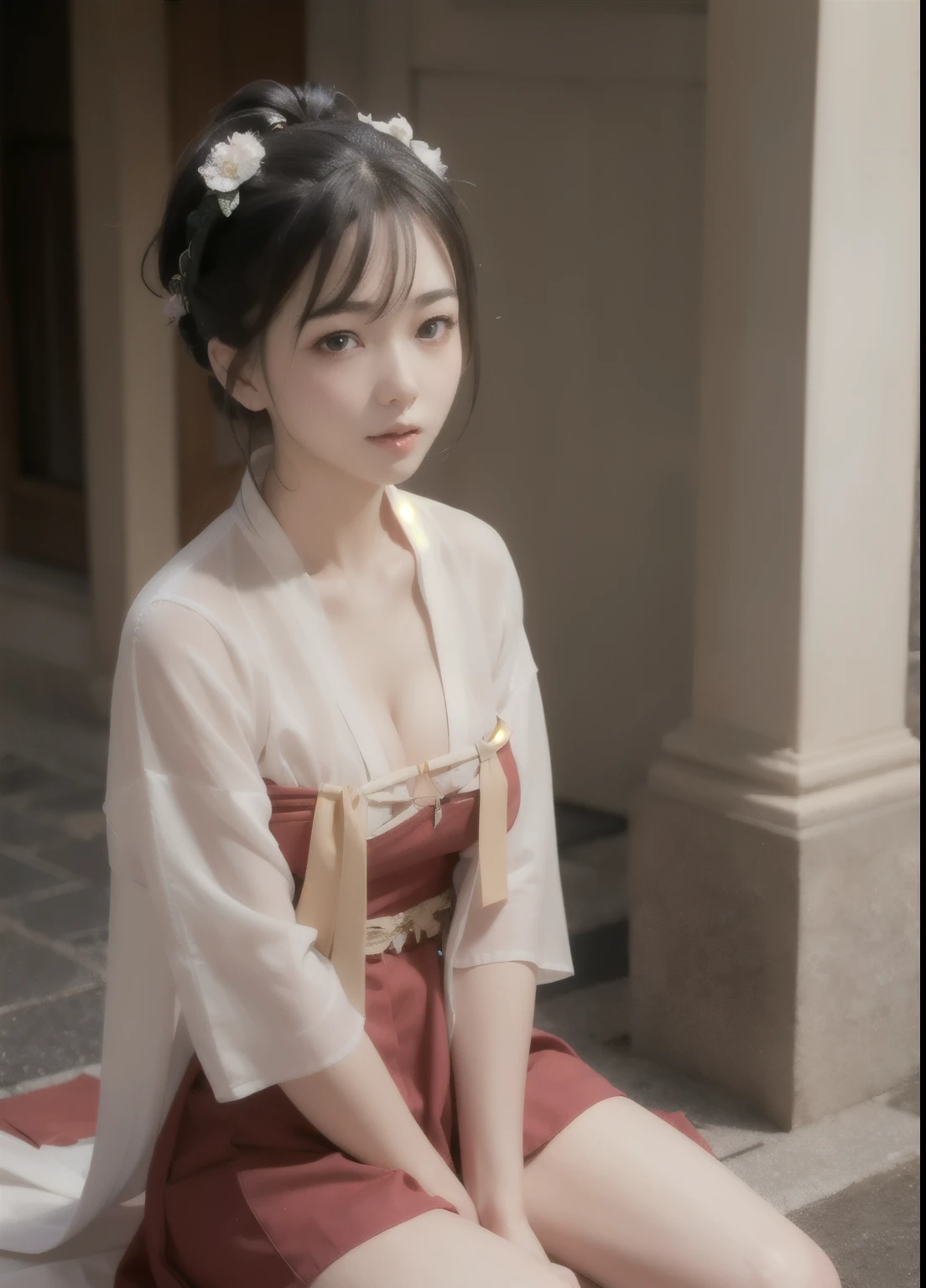 (best quality),extremely detailed, ultra-detailed,physically-based rendering,highly detailed background,extremely detailed face,ealistic,ultra high res,masterpiece,1girl,upper body,sit,look at viewer, short skirt, hanfu, short hanfu, plain cloth, clear eyes, cleavage, beautiful face