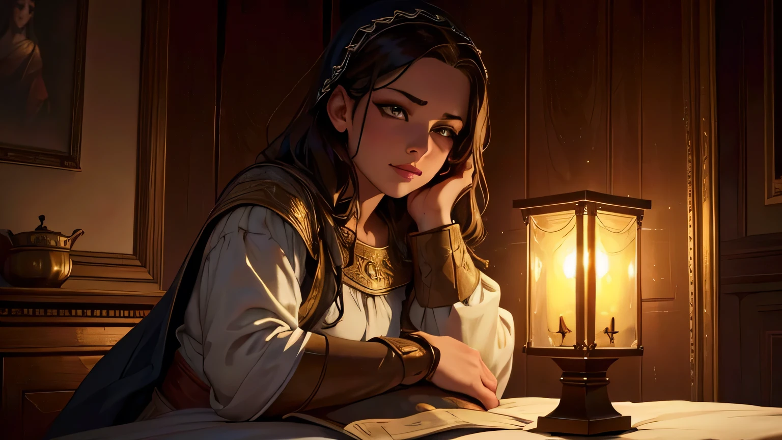 1girl, smiling peasant woman, pregnant, poor greek woman, beautiful detailed eyes, beautiful detailed lips, extremely detailed eyes and face, longeyelashes, simple clothing, warm lighting, cozy interior, candlelit, chiaroscuro lighting, atmospheric lighting, moody lighting, dramatic lighting, (best quality,4k,8k,highres,masterpiece:1.2),ultra-detailed,(realistic,photorealistic,photo-realistic:1.37), classical painting, chiaroscuro, dramatic lighting, moody, warm tones, earthy tones