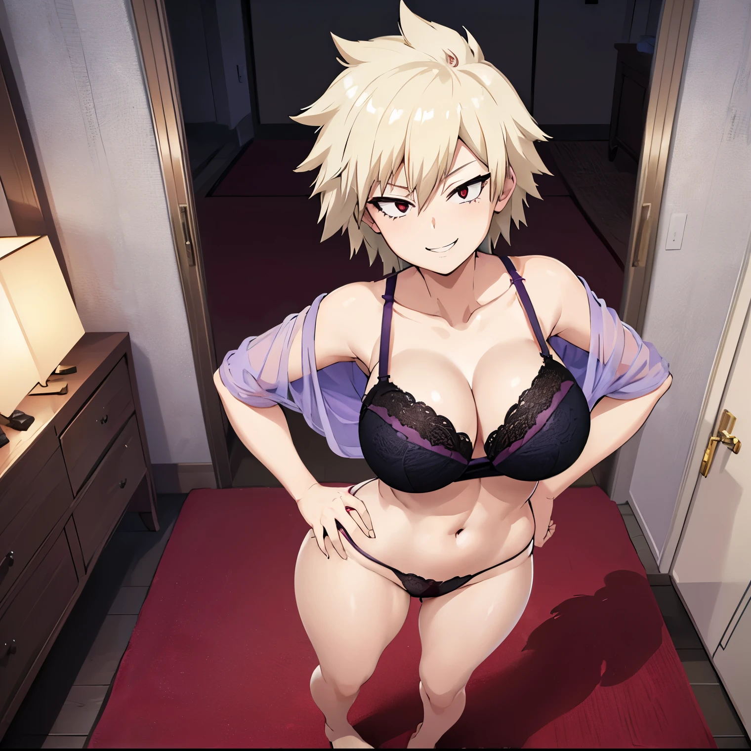 1 girl, alone, mitsuki bakugou, (high definition)), ((best quality)), standing, room, house, living room, mature woman, sexy posture, sexy body, red eyes, dull blonde hair, short hair , (lingerie purple), (1-piece lingerie), , ((seductive smile)), seductive,((looking at viewer)), front view, focus on breasts,pov(from above),((silly smile)),( (large breasts)),(medium waist),(wide hips),(medium thighs),(round butt),( (carpeted floor)),1girl,alone, room, bedroom, (standing woman), ((hands on hips), (barefoot), perfect anatomy, perfect hands,