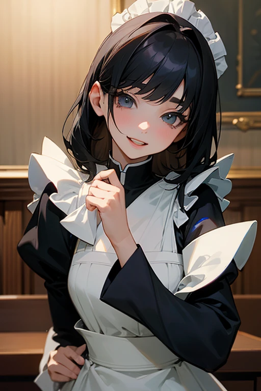 (Highest Resolution, clear_image) highest quality, One woman, alone, masterpiece, Very detailed, Semi-realistic, Black Hairのショートヘア, Black Hair, bangs, 18-year-old, mature, light blue uniform, uniform, Indoor Background, kind, Authoritative, Powerful, exquisite features, exquisite features、Eyelashes become longer、Showing teeth、smile😀、Maid clothes、woman'Fingers in the、Sleeping on the sofa、Long Hair、Fluttering in the wind、Navy blue clothes、Long Hair、