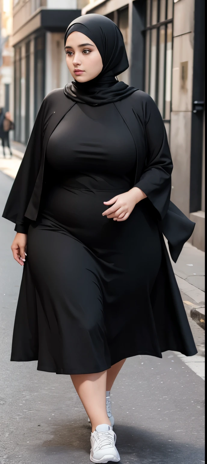  woman in  black dress and hijab walking down the street, ,  hijab outfit, ,  hijab fashion model, plus size, plus size woman, ,  woman in black robes, beautiful woman, thicc, black outfit,, bbwchan , white sneakers 