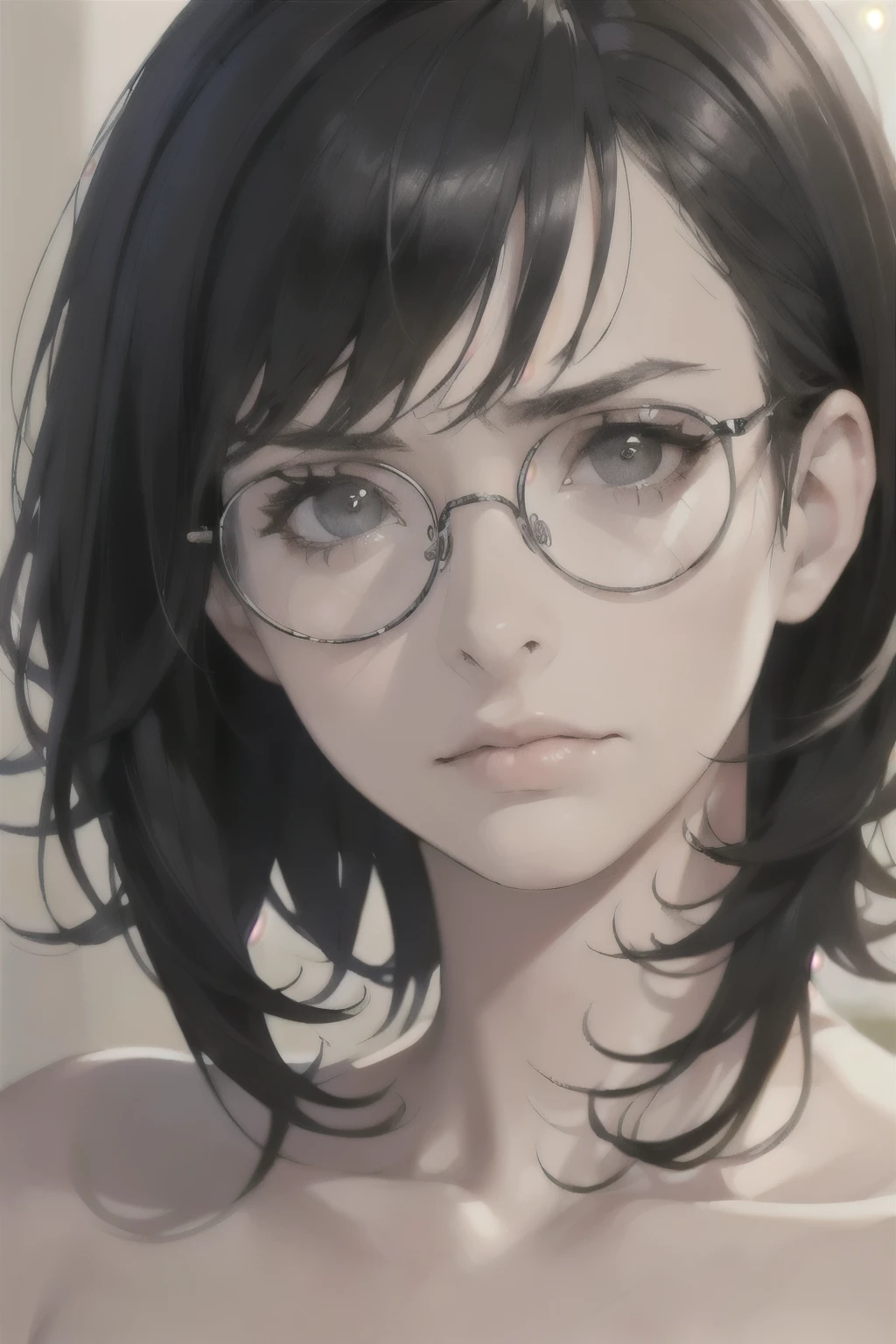 (18 year old woman), (black hair, short hair, bangs, hair down to her shoulders) ((round glasses on her face)) (white skin) angry, western face, dark circles, sad and tired and droopy face, pimples on her face , thin nose, ((best quality)), ((ultra resolution)), ((Photorealistic: 1.4)), (intricate details) full naked. full body
