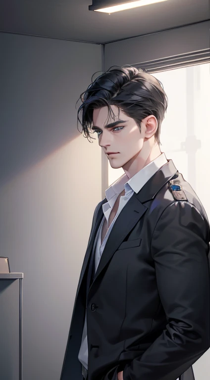(best quality, masterpiece, 8K, photorealistic, cinematic lighting, 1:4 hdr image, ultra detailed, beautiful image), a mature man, 34 years very handsome, ((cold expression)), short black hair, blue eyes, face perfect without mistakes, ((buttoning his jacket, CEO))