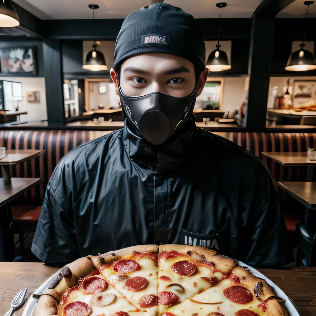 raw photo , 8K, ultra detailed, (realistic:1.2), (1man, ninja, masked:1.4), 30yo,(pizza),(restaurant),