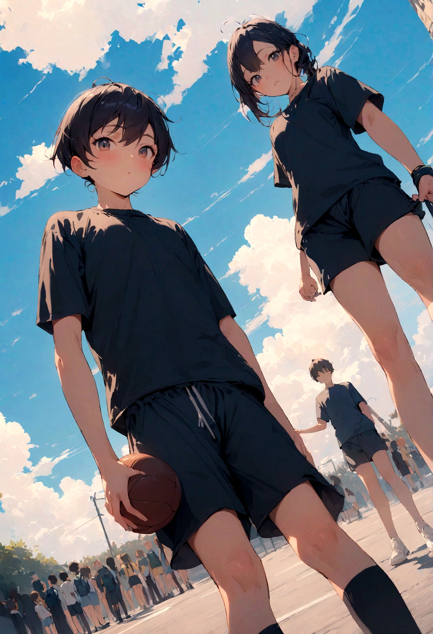 ((RAW Photos)), ((masterpiece)),masterpiece, highest quality, ,, View Viewer, A man wearing shorts with his , With cloud, With blue sky, With a beautiful sky、Primary school students、Primary school students男子、Holding the ball、beautiful、cute、high resolution、Sports、Front facing、Two people stand side by side、The whole body is shown、Stand at an angle
