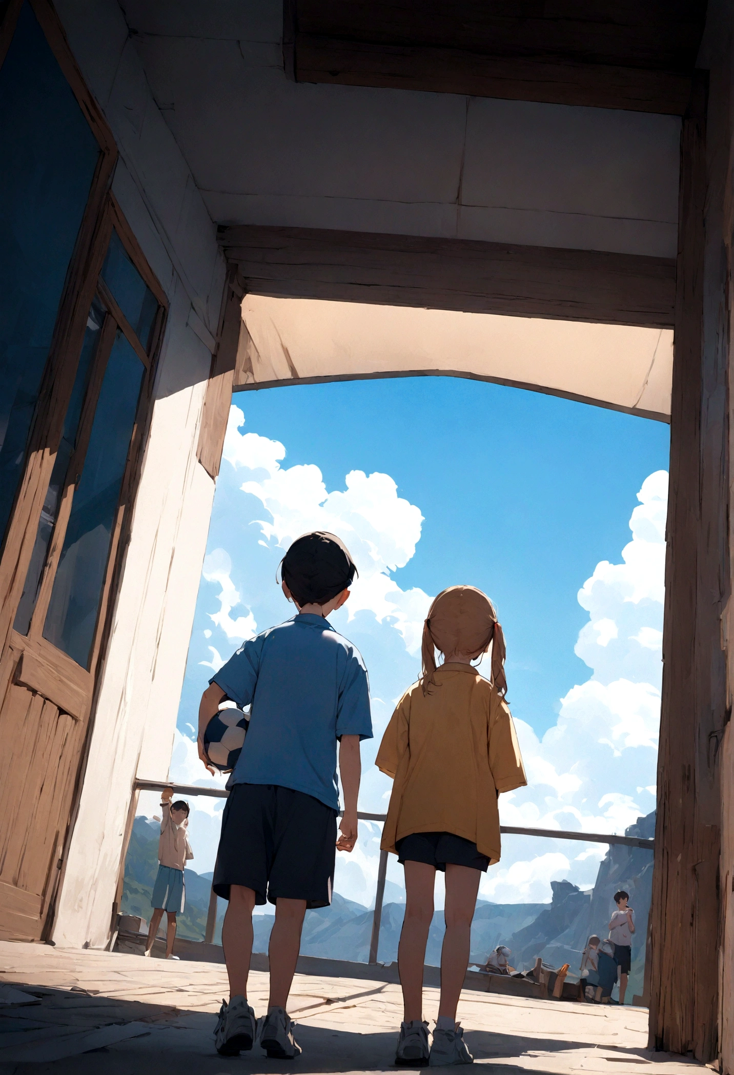 ((RAW Photos)), ((masterpiece)),masterpiece, highest quality, ,, View Viewer, A man wearing shorts with his , With cloud, With blue sky, With a beautiful sky、Primary school students、Primary school students男子、Holding the ball、beautiful、cute、high resolution、Sports、Front facing、Two people stand side by side、The whole body is shown、Stand at an angle