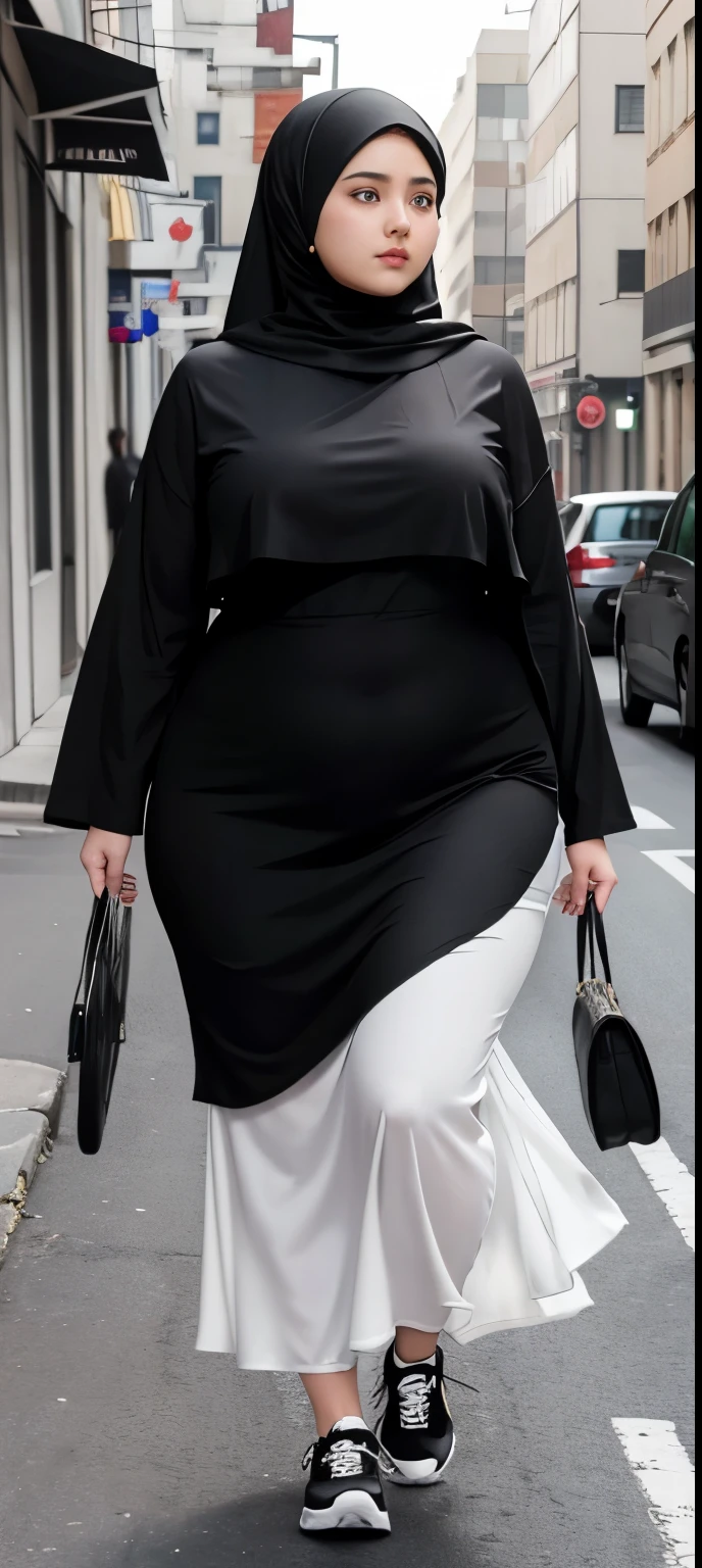 Milky white skin woman in black dress and hijab walking down the street, ,  hijab outfit, ,  hijab fashion model, plus size, plus size woman, ,  woman in black robes, beautiful woman, thicc, black outfit,, bbwchan , white sneakers 