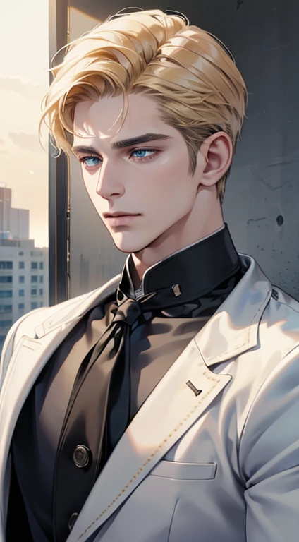 (best quality, masterpiece, 8K, photorealistic, cinematic lighting, 1:4 hdr image, ultra detailed, beautiful image), a mature man, 34 years very handsome, ((cold expression)), short golden hair, blue eyes, face perfect without mistakes, ((buttoning his jacket, CEO))