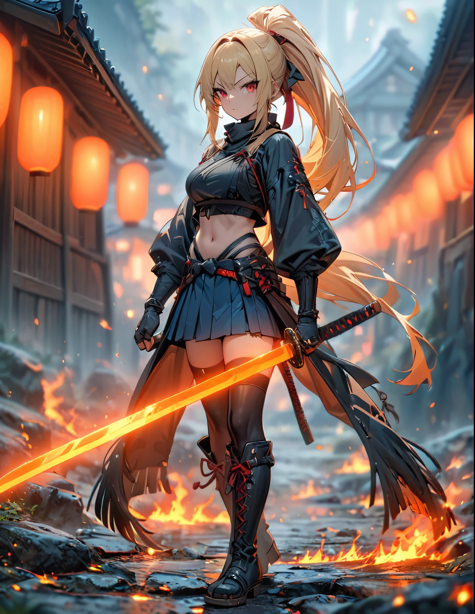 masterpiece, best quality, 1girl, blonde_hair, ultra detailed face, long eyelashes, red_eyes, boots, breasts, clenched hand, clenched hands, crop top, full body, gloves, knee boots, ultra long ponytail hair,  ultra detailed dark wings, medium breasts, Blue skirt, midriff, navel, long fringe hair, solo, standing, thighhighs, turtleneck, black leotard, ninja, (holding a long samurai sword, long perfect katana, glowing sword), burning japanese village backdrop, danger atmosphere, grim, stance, full body with costume