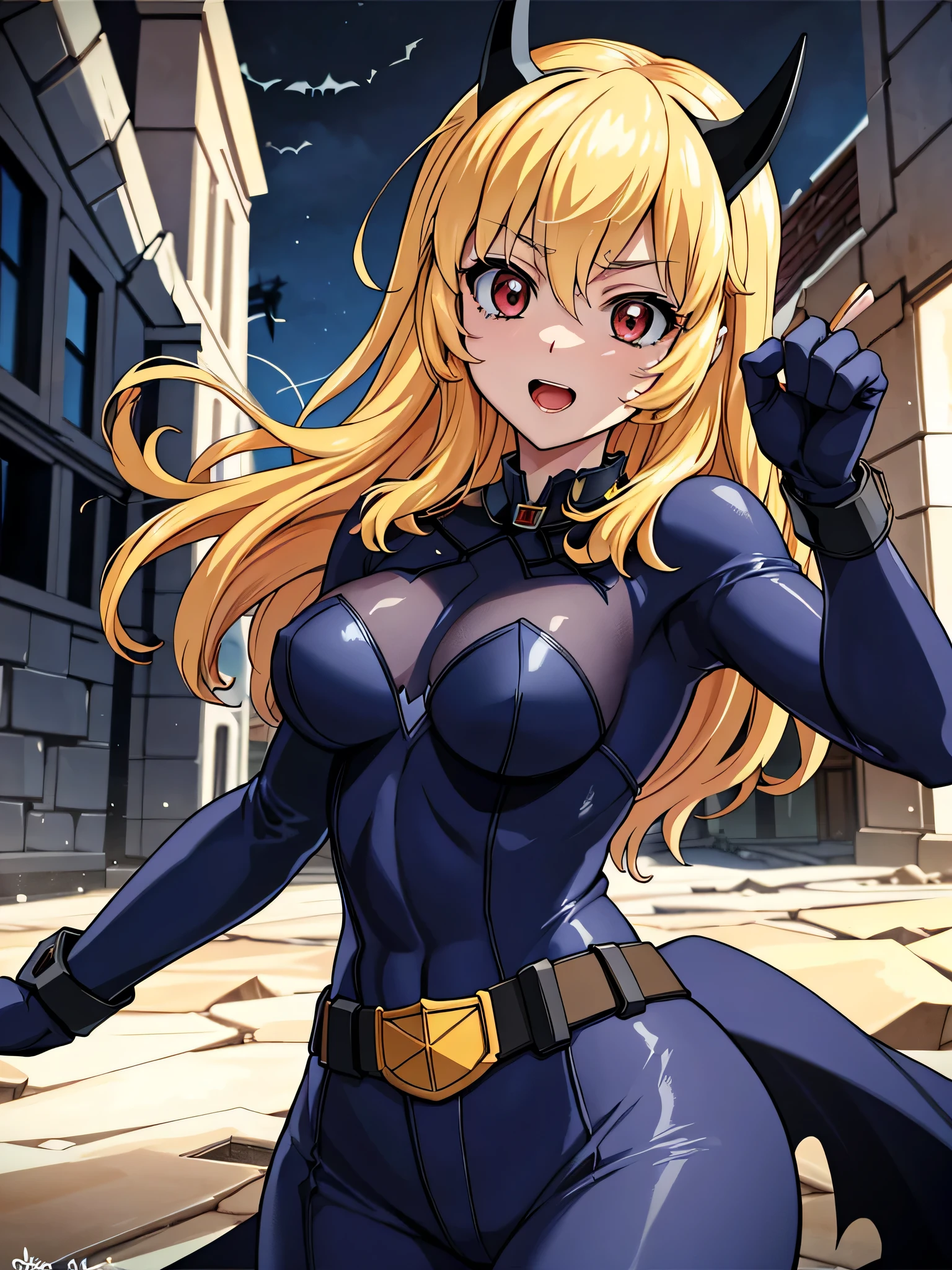 (((best qualtiy))),(((ultra - detailed))),(((tmasterpiece))),(((manga book))),Cool female superhero,Female Batman,The action is exaggerated and handsome,Batman's signature move,Dynamic,Voice bubbles,Fighting,bang between eyes,The background is the ruins of the city after the Great War,Epic cinematic footage。Blonde HAIR