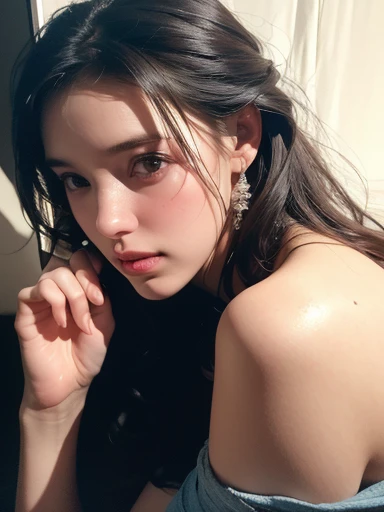 Best quality, masterpiece, ultra high res, (photorealistic:1.4), raw photo, 1girl, offshoulder, in the dark, deep shadow, low key, cold light