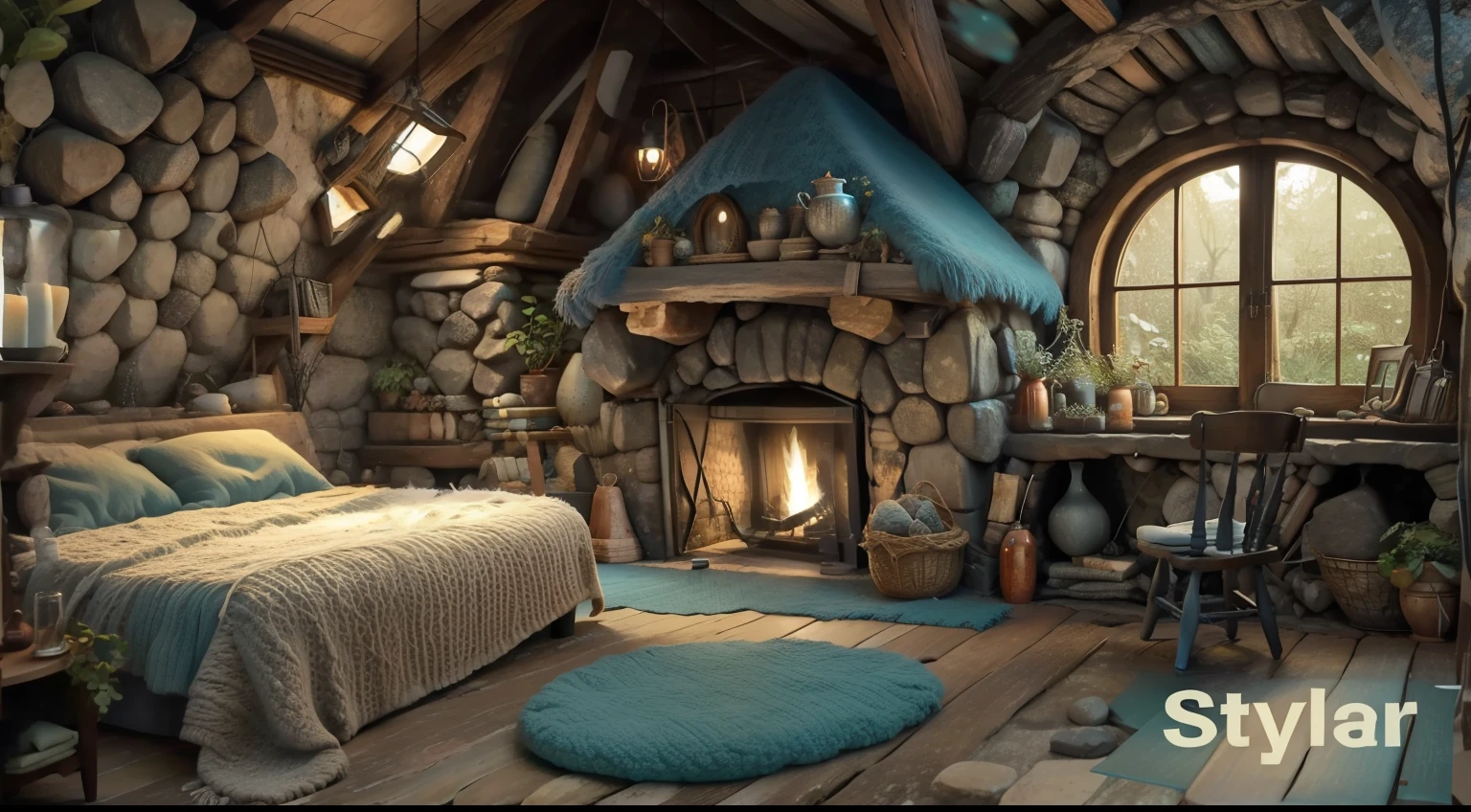 (Best quality), (Masterpiece), a cozy hobbit's cottage shelter in a low Cave with a Colorful gravel Fireplace, outside a large window Glass Door on one wall with a rainy landscape, a room with colorful gravel Round bricks, a mysterious and fairy-tale atmosphere, vases and plants, a fluffy wool Blanket on the floor, ladder bed