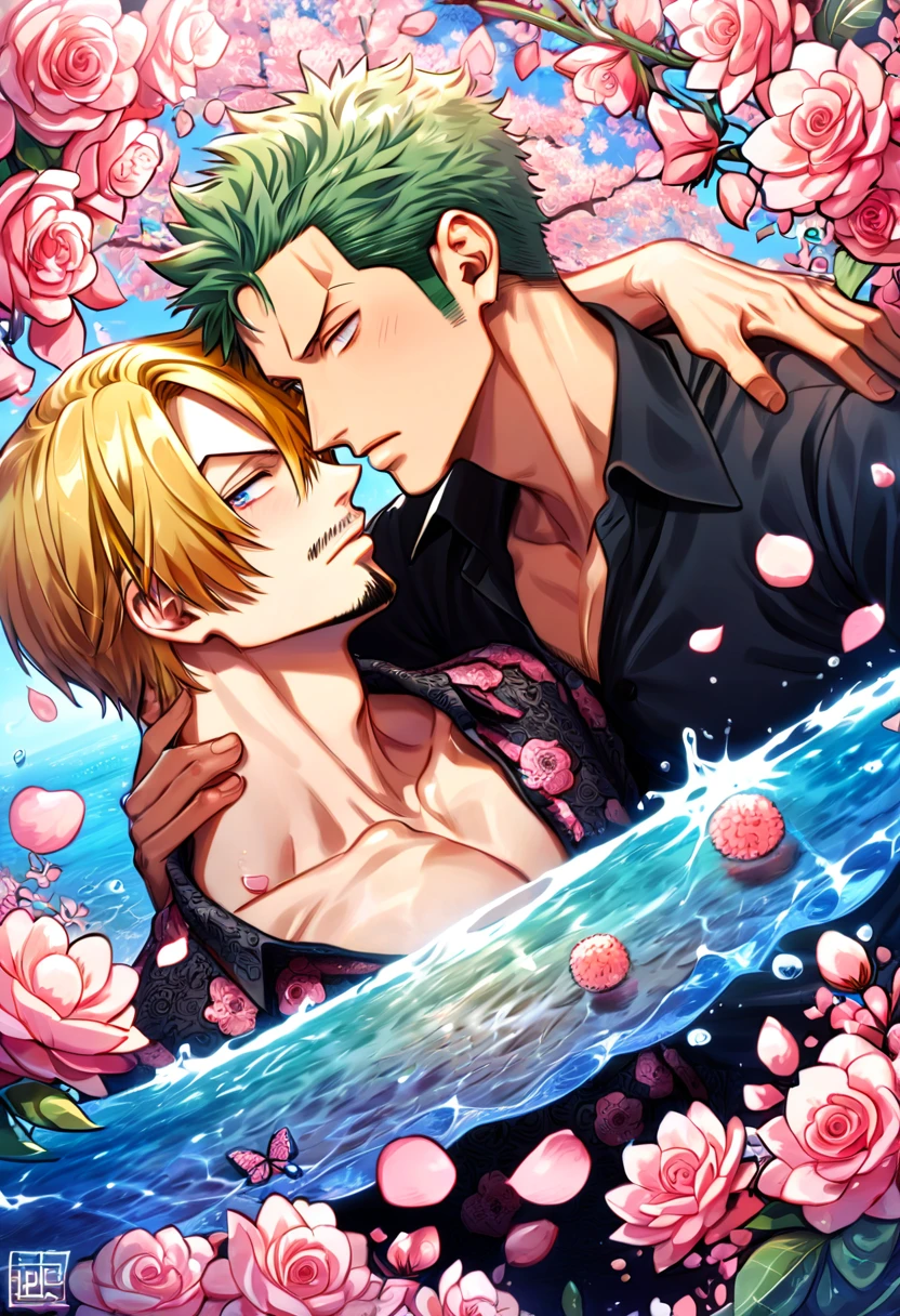 absurdres, highres, ultra detailed, HDR, master piece, best quality, Sanji, blonde hair, expressive blue eyes, one piece, Roronoa Zoro, green hair, expressive brown eyes, two sexy men together, gay couple, yaoi, handsome, black clothes, patterns, water, pink flowers, pink blossoms, pink butterflies, pink petals