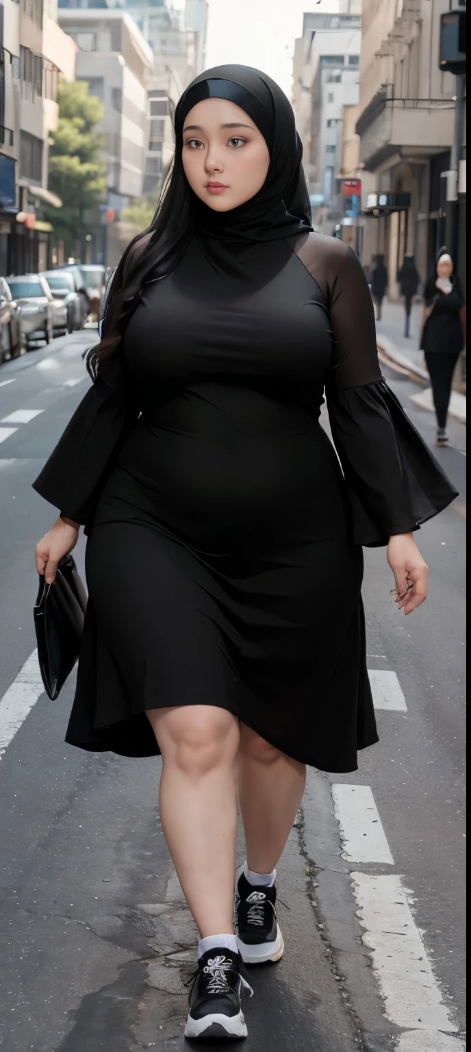 Milky white skin woman in black dress and hijab walking down the street, , hijab outfit, , hijab fashion model, plus size, plus size woman, , woman in black robes, beautiful woman, thicc, black outfit,, bbwchan , white sneakers , Height 170 cm, beautiful woman, with a beautiful appearance, a very beautiful masterpiece, a masterpiece of art, good lighting, Bright colors, Clean lines