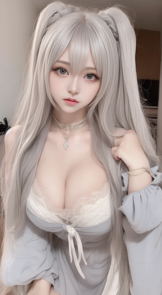 perfect figure beautiful woman:1.4,Layered Hair Style,Protruding cleavage,Gray 2D costume:1.5,Highly Detailed Face and Skin Textur,double eyelid,Whiten the skin,long white hair, lewd poses, revealing buttocks, Butt up,