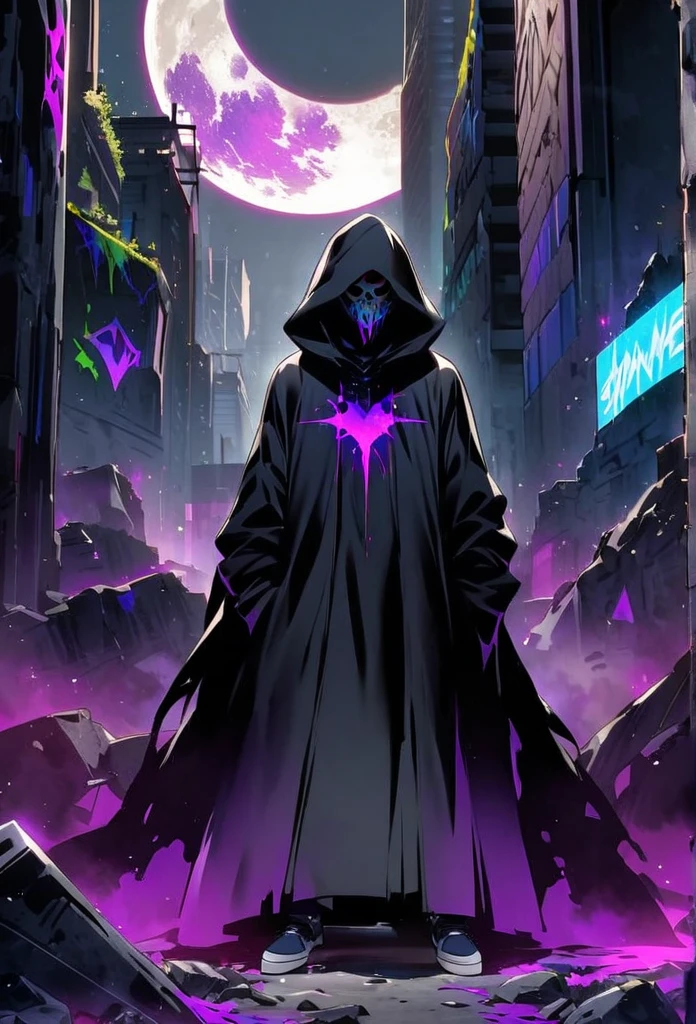 In the heart of the city's decay, a graffitipunk reaper emerges, cloaked in a galaxy-black robe sprayed with neon purples, blues, and silvers. Tagged by time, the fabric mirrors the cosmic void above. They stand defiant on a battlefield of rubble, face hidden within the shadows of a hood. Behind, graffiti stars and a neon blood-moon punctuate the dark, whispering of the universe's vast mysteries. This high-definition digital masterpiece captures the reaper's enigmatic aura amidst urban desolation.