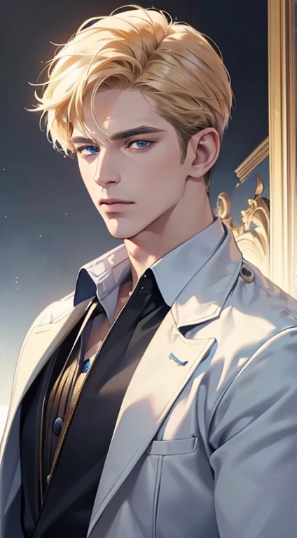 (best quality, masterpiece, 8K, photorealistic, cinematic lighting, 1:4 hdr image, ultra detailed, beautiful image), a mature man, 34 years very handsome, ((cold expression)), short golden hair, blue eyes, face perfect without mistakes, ((buttoning his jacket, CEO))