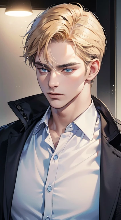 (best quality, masterpiece, 8K, photorealistic, cinematic lighting, 1:4 hdr image, ultra detailed, beautiful image), a mature man, 34 years very handsome, ((cold expression)), short golden hair, blue eyes, face perfect without mistakes, ((buttoning his jacket, CEO))