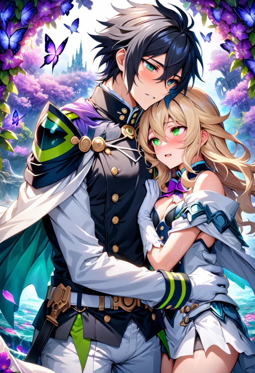 Ultra detailed, highres, absurdres, HDR, master piece, Mika Hyakuya, wavy blond hair, expressive blue eyes, Yuu Hyakuya, black hair, expressive green eyes, white fantasy clothes, white cape, Owari No Seraph, fantasy, petals, purple butterflies, purple flowers, water, white pants, white gloves, two sexy man together, couple, love, magic, best quality, extremely detailed face and eyes, yaoi, toned chest