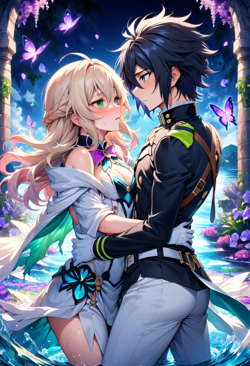 Ultra detailed, highres, absurdres, HDR, master piece, Mika Hyakuya, wavy blond hair, expressive blue eyes, Yuu Hyakuya, black hair, expressive green eyes, white fantasy clothes, white cape, Owari No Seraph, fantasy, petals, purple butterflies, purple flowers, water, white pants, white gloves, two sexy man together, couple, love, magic, best quality, extremely detailed face and eyes, yaoi, toned chest
