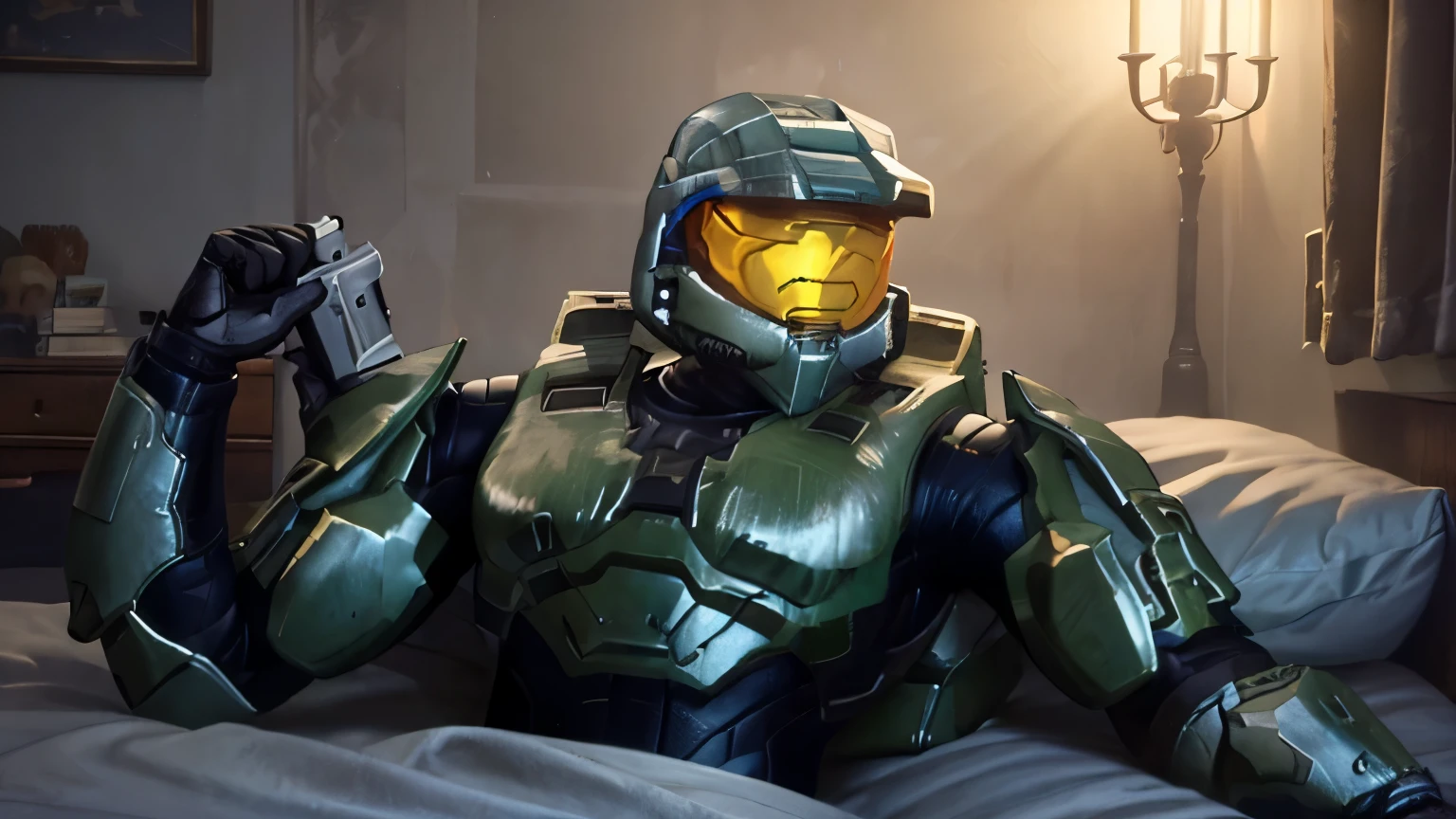 Master chief con armadura azul durmiendo en una cama de noche