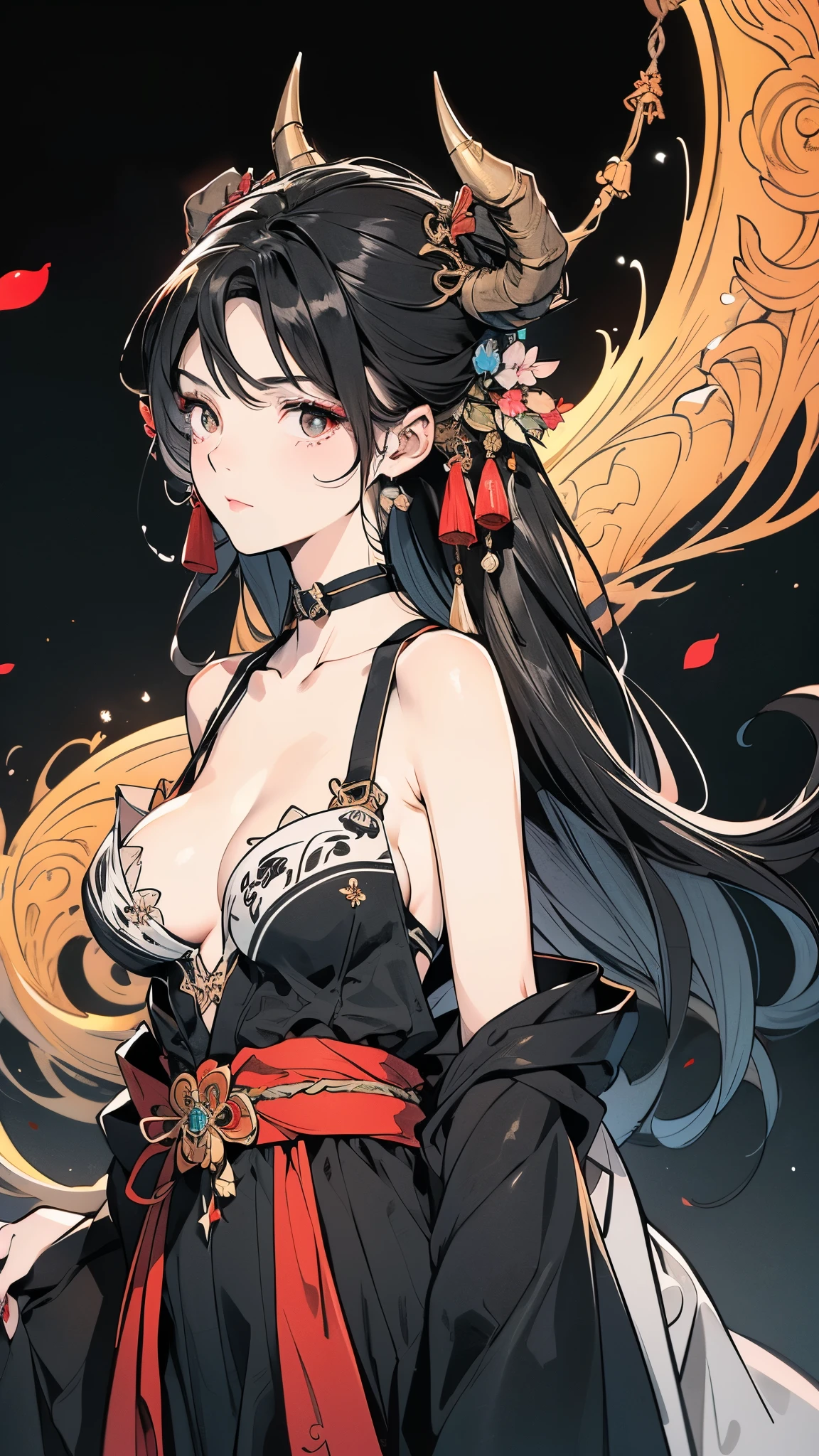 Seven Rhaeyar (Deylta), Ancient Star goddess, Perfect female anatomy (Royal, Adult Female, 166cm in height, pale skin, slim, slender, 34D breast size, She has long Black Hair, Her eyes are gray, a set of black colored horns on her head), Neutral facial expression, Elegant black uniform dress, female choker accessory, dragon motifs, silver and rope accessories, Simple Black Background, receiving light from the front, Ethereal glow, Blue rose petals surrounding her, Japanese inspired