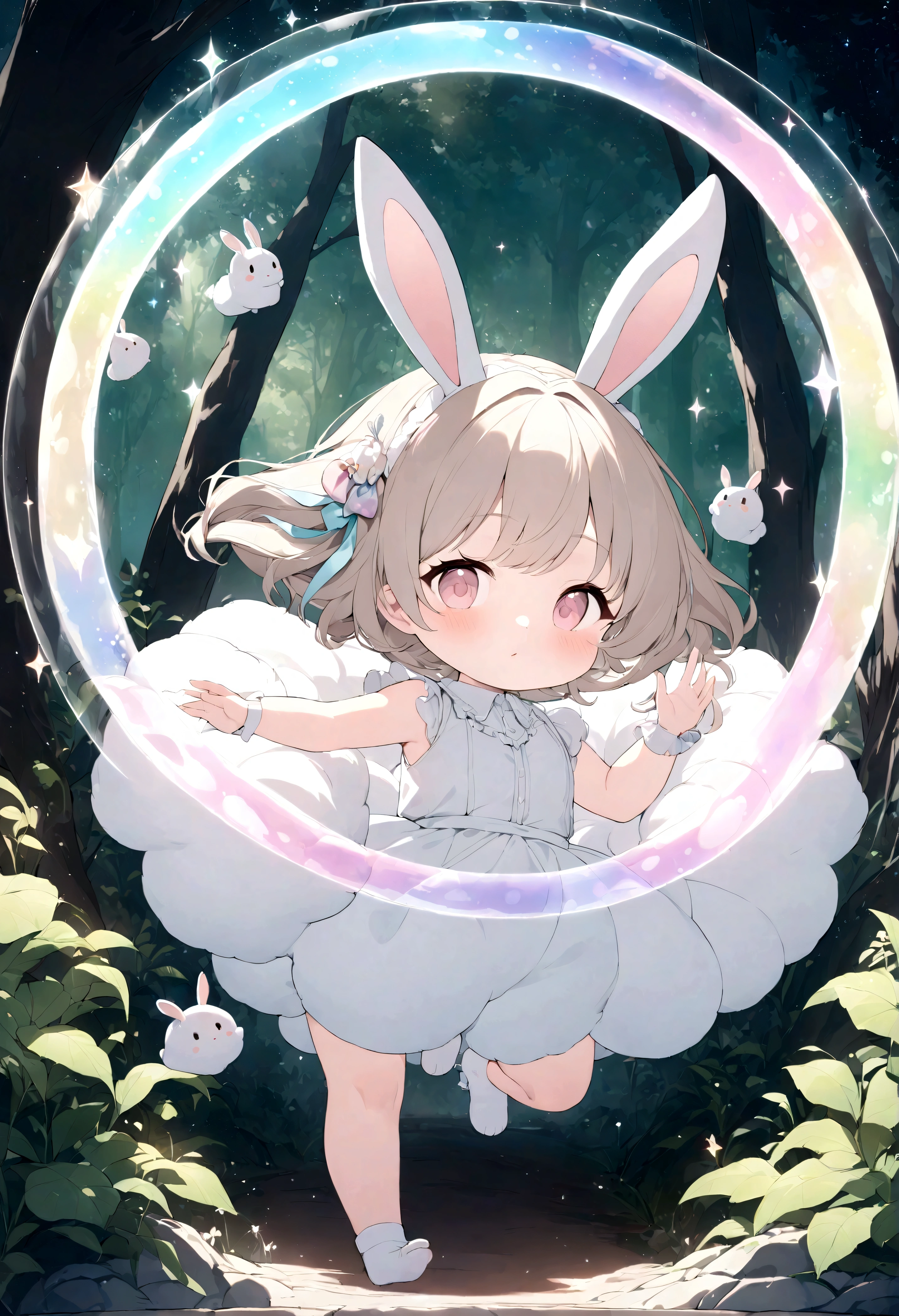 best quality, super fine, 16k, extremely detailed, 2.5D, delicate and dynamic, adorable fantasy story, round fluffy bunnies, white, grey, brown, hopping through the forest, transparent and translucent iridescent barrier, sparkling frame made of pastel polka dots