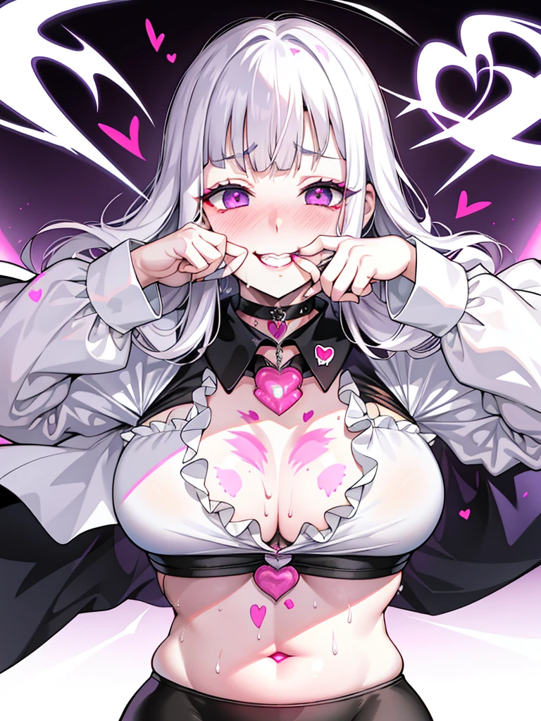 flat chest、Blunt bangs、1girl in,Heart-shaped pupil,Fingernails,hands on own face,White hair,Purple eyes,(blush:1.1),Choker,Upper body,trembling,Sweat,heart mark,(SPEEDLINE:1.1), ((Heavy breathing:1.3)), heart mark, Underworld, Smile