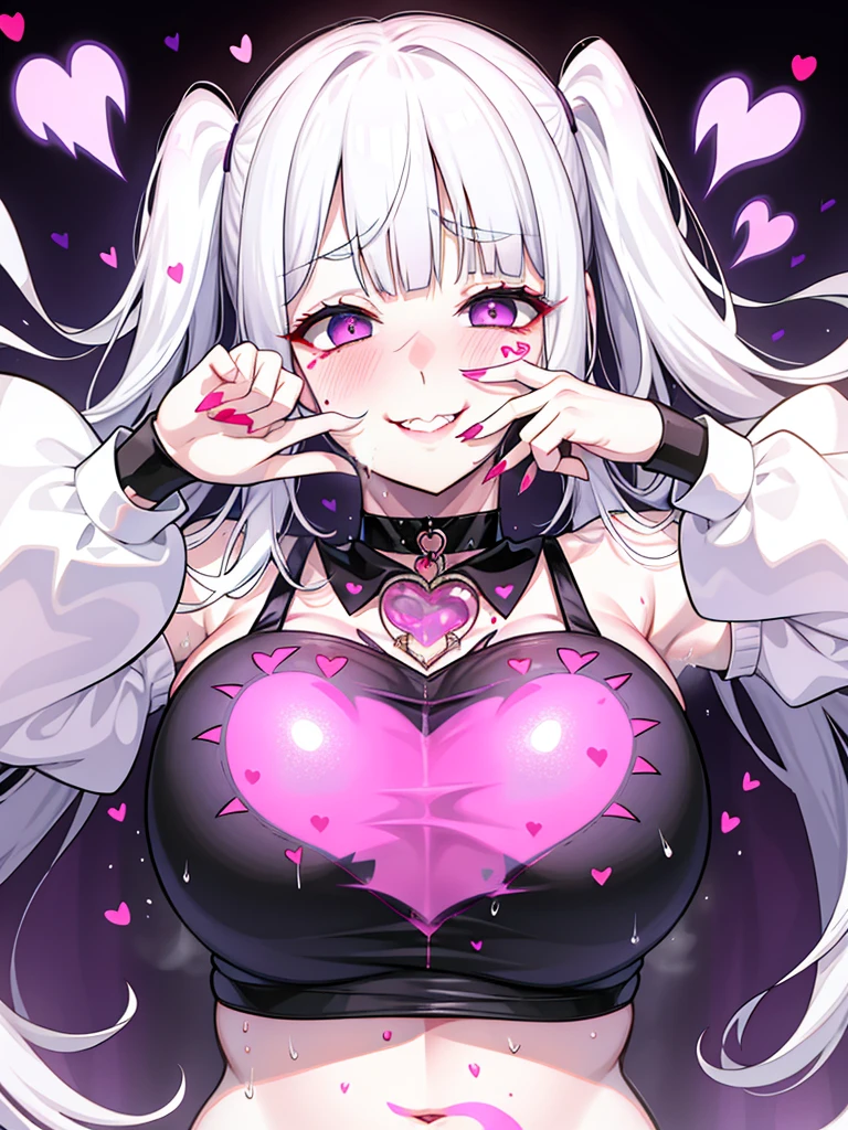 flat chest、Blunt bangs、1girl in,Heart-shaped pupil,Fingernails,hands on own face,White hair,Purple eyes,(blush:1.1),Choker,Upper body,trembling,Sweat,heart mark,(SPEEDLINE:1.1), ((Heavy breathing:1.3)), heart mark, Underworld, Smile