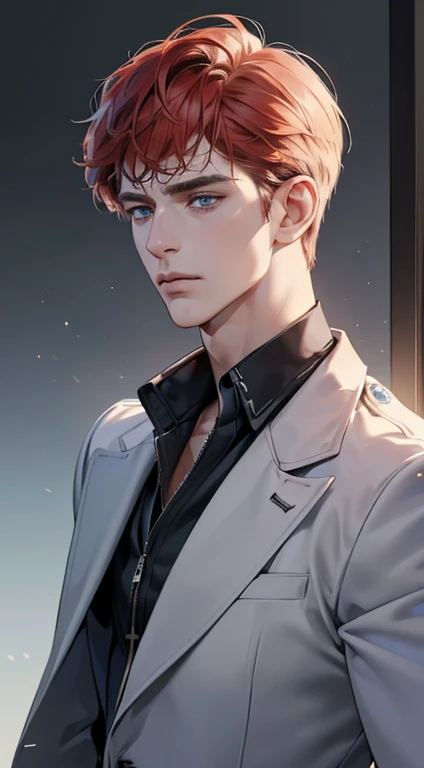 (best quality, masterpiece, 8K, photorealistic, cinematic lighting, 1:4 hdr image, ultra detailed, beautiful image), a mature man, 34 years very handsome, ((cold expression)), short red hair, blue eyes, face perfect without mistakes, ((buttoning his jacket, CEO))