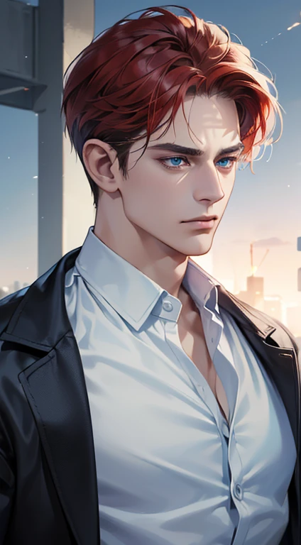 (best quality, masterpiece, 8K, photorealistic, cinematic lighting, 1:4 hdr image, ultra detailed, beautiful image), a mature man, 34 years very handsome, ((cold expression)), short red hair, blue eyes, face perfect without mistakes, ((buttoning his jacket, CEO))