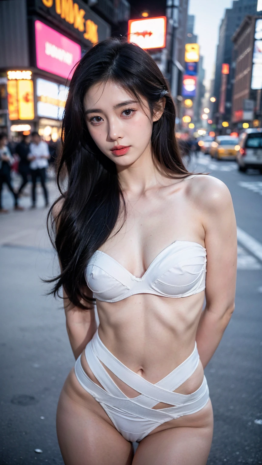 ((1girl)), in mummification \(bound\), instant camera flash, ((pose at New york Street)), makeup with glossy lip, small breasts, (bandagest:1.4), various angle, ((cowboy shot)), 26 years old, Beautiful Japanese Girl, dynamic pose, (nsfw:1.4), realistic light, realistic skin tone, (New york city as background:1.4)