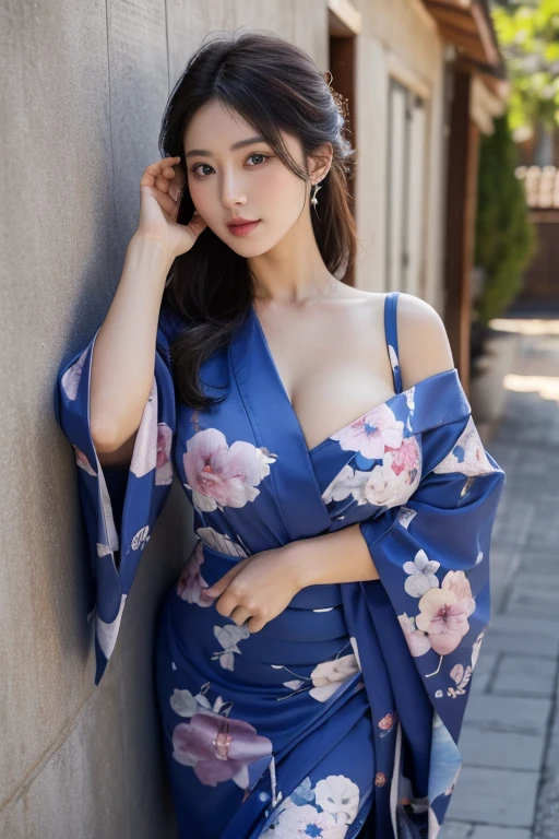(top-quality,8K,masterpiece),Middle-aged woman、Kimono,Shoulders are sticking out,Colossal ,Emphasizes cleavage,A detailed eye,Detailed lips,Detailed skin,Bewitching look,Inviting Pose,Leaning against the wall,