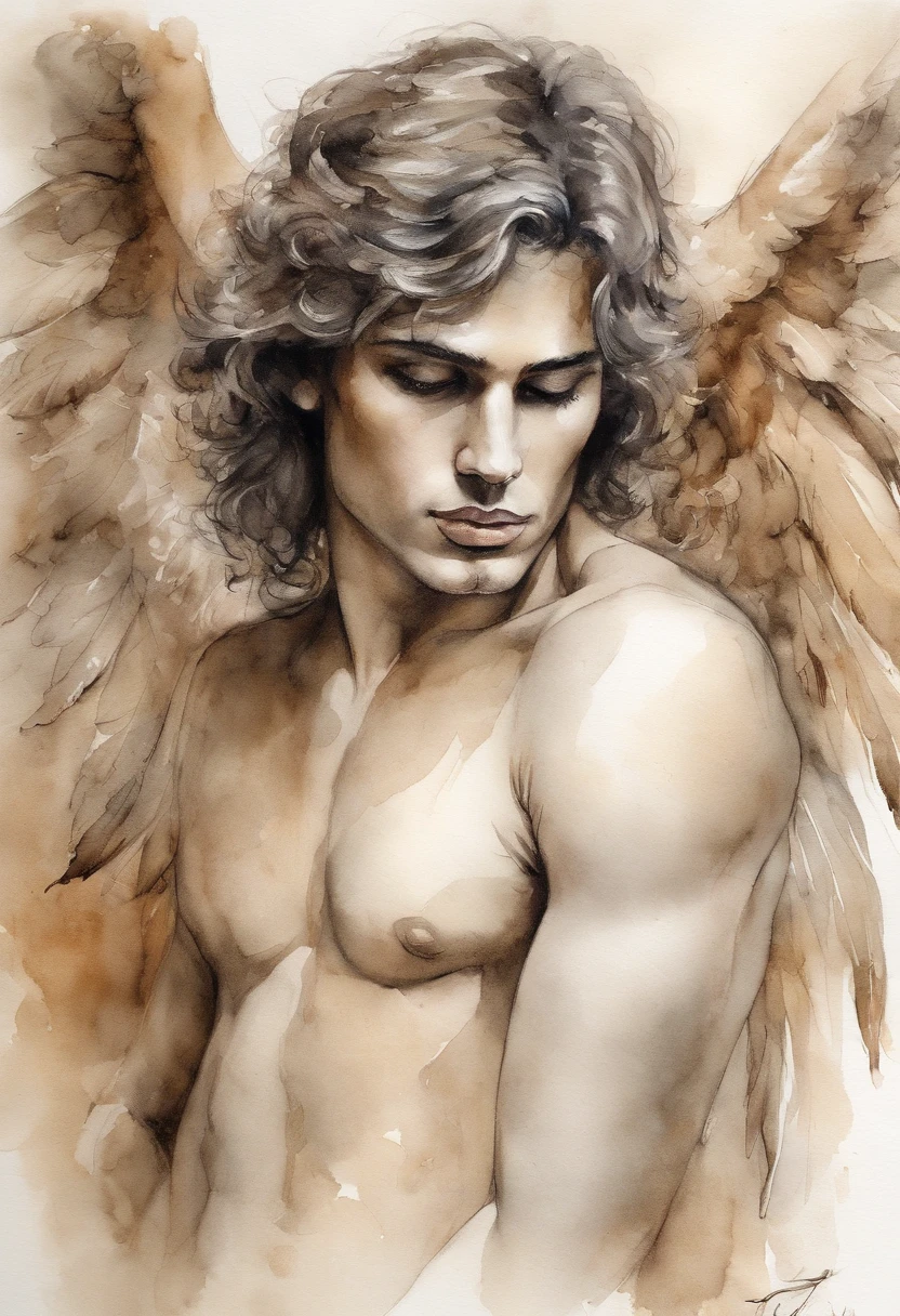 A zoomed in view of a handsome and  young man with angel wings , capturado em cores , his eyes looking directly at the viewer with an intense expression, his features etched with a sense of mystery and allure, cercado por tufos de neblina, adding an ethereal touch, Escultura,  Homen  Bonito atletico beleza italiana angelical com asas e plumas . Aquarela tinta pintura. Textura de tintas aquarela pingos e respingos de tinta. Corpo inteiro nu pelado,  wake.  Male  