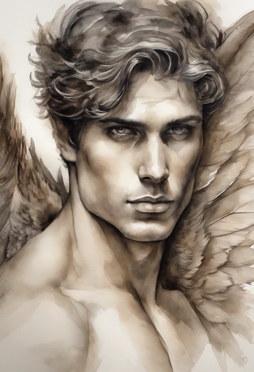 A zoomed in view of a handsome and sexy young man with angel wings , capturado em cores , his eyes looking directly at the viewer with an intense expression, his features etched with a sense of mystery and allure, cercado por tufos de neblina, adding an ethereal touch, Escultura, Homen sexy Bonito atletico beleza italiana angelical com asas e plumas . Aquarela tinta pintura. Textura de tintas aquarela pingos e respingos de tinta. Corpo inteiro nu pelado, penis wake. Male sexy nude