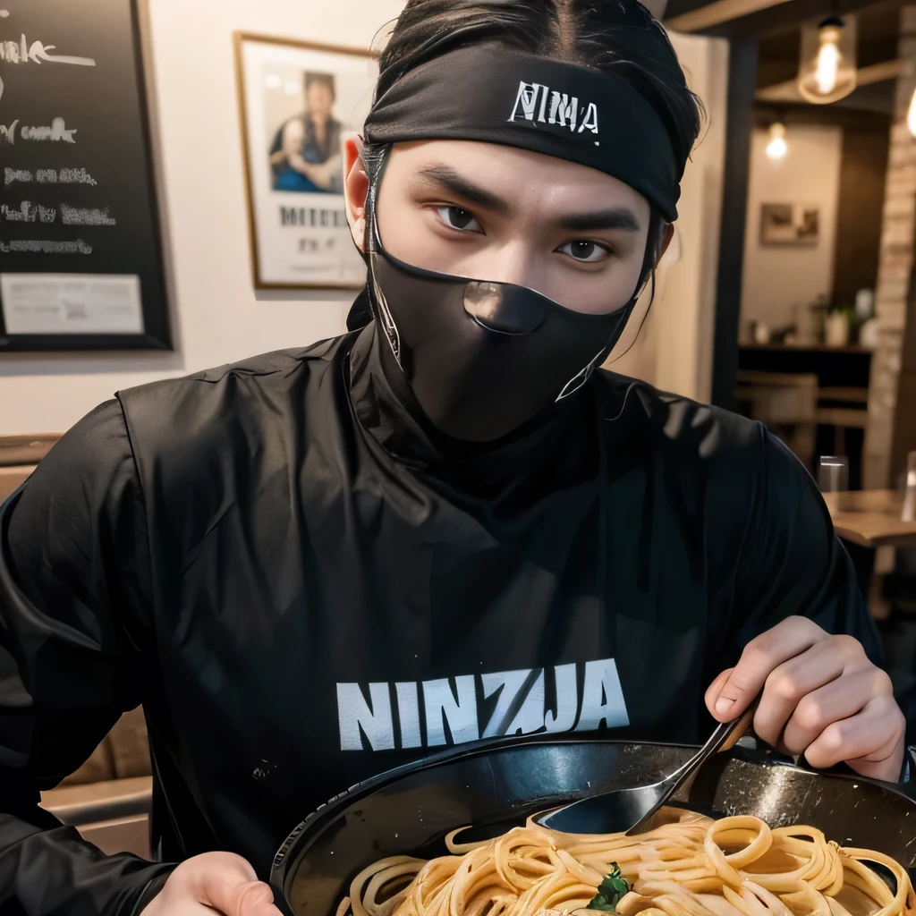 raw photo , 8K, ultra detailed, (realistic:1.2), (1man, ninja, masked:1.4), 30yo,(pasta:1.2),(restaurant),