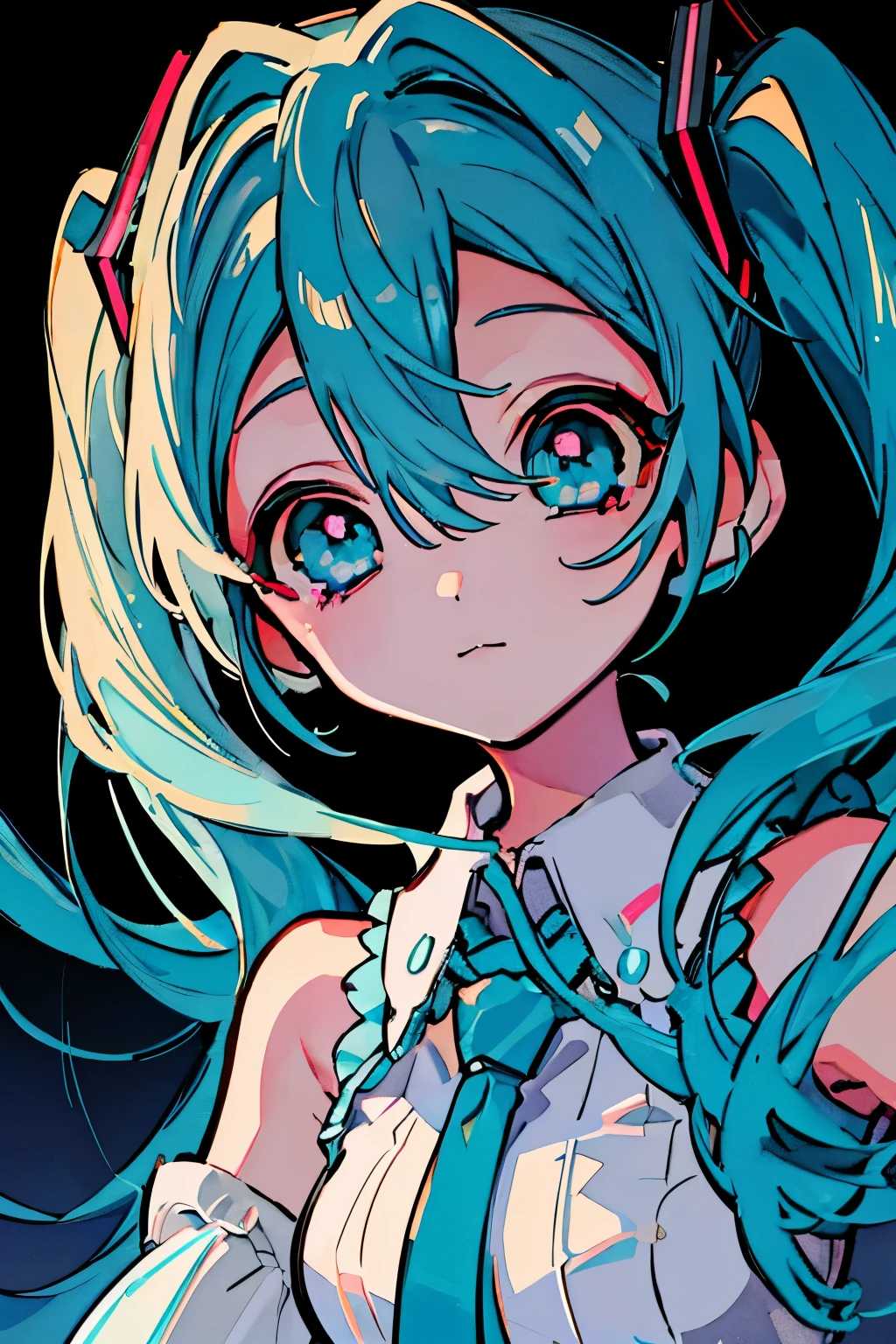 Hatsune Miku, dramatic lighting, 1girl, extremely detailed face and eyes, long blue hair, dramatic lighting, highly detailed, cinematic, photorealistic, masterpiece, 8K, hyper-detailed, sharp focus, studio lighting, professional photography, vivid colors, glowing skin, mesmerizing