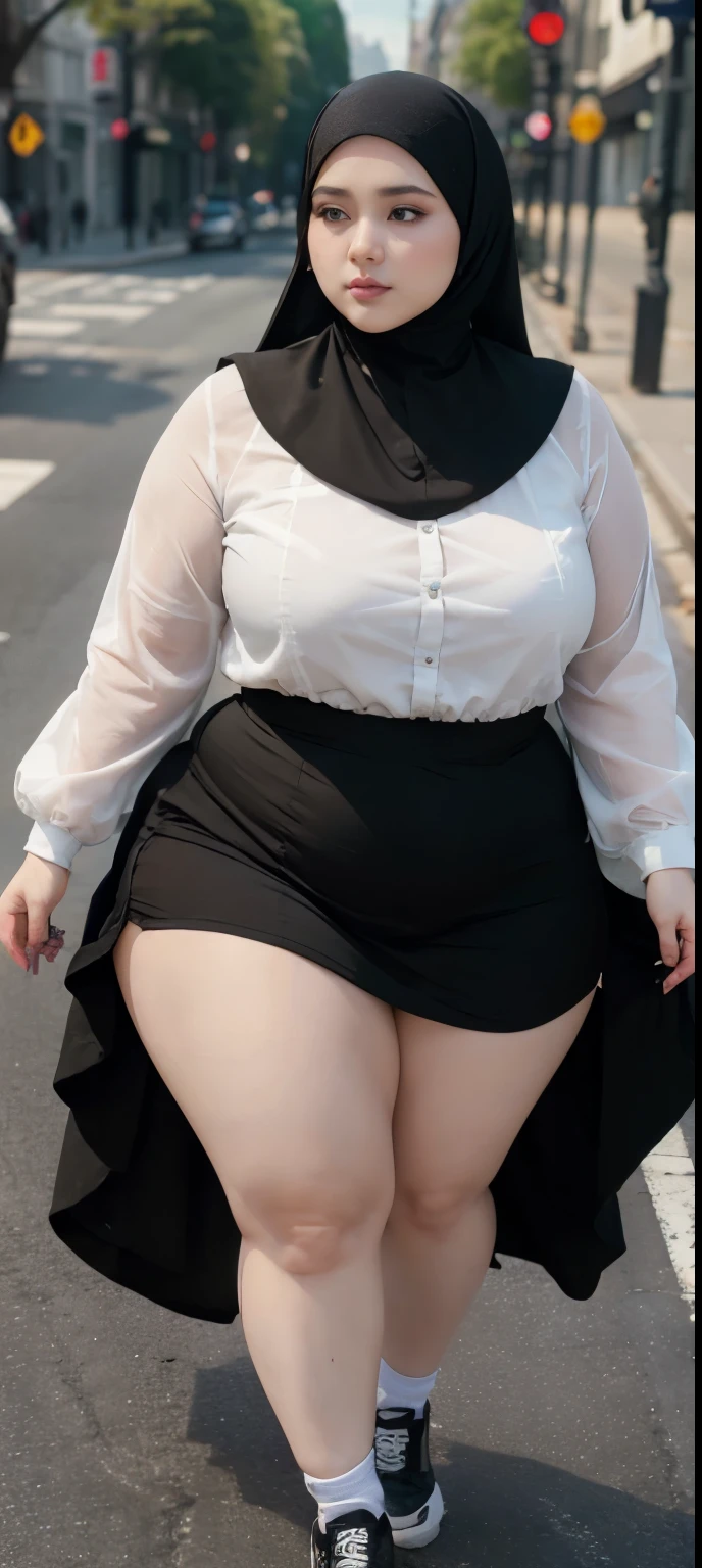 Milky white skin woman in black dress and hijab walking down the street, , hijab outfit, , hijab fashion model, plus size, plus size woman, , woman in black robes, beautiful woman, thicc, black outfit,, bbwchan , white sneakers , Height 170 cm, beautiful woman, with a beautiful appearance, a very beautiful masterpiece, a masterpiece of art, good lighting, Bright colors, Clean lines