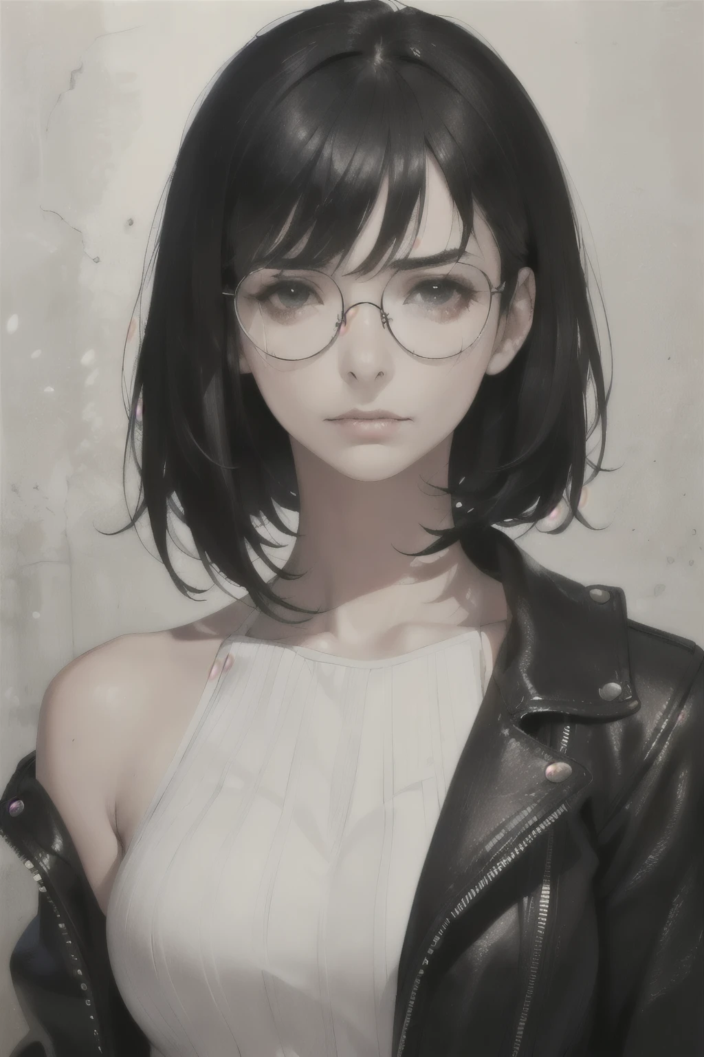 (woman in her 30s), (black hair, short hair, bangs, hair down to her shoulders) ((round glasses on her face)) (white skin) irritated, western face, dark circles, sad and tired and droopy face, pimples on her face , thin nose, ((best quality)), ((ultra resolution)), ((Photorealistic: 1.4)), (intricate details) (black leather jacket)