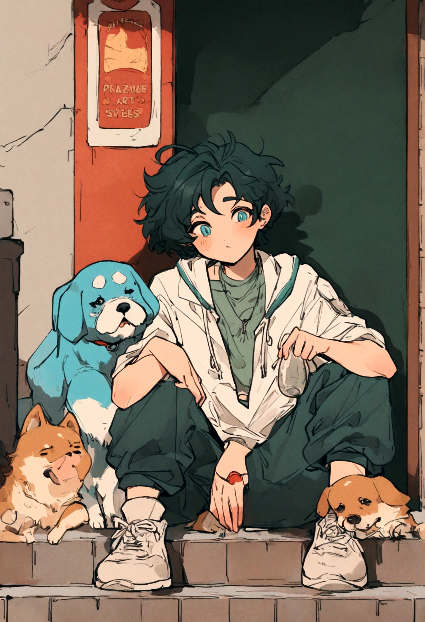 anime boy sitting on the wall，Holding a Coke bottle and a dog, commend, Praise Artstyle, Lofi Art, commend feel, commend vibes, Xin Haicheng Cyril Rolando, commend aesthetics, ( ( Xin Haicheng ) ), Xin Haicheng's style, commend-girl, commend hip hop, Xin Haicheng!