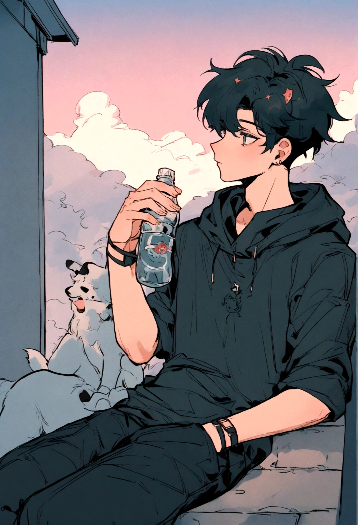 anime boy sitting on the wall,Holding a Coke bottle and a dog, commend, Praise Artstyle, Lofi Art, commend feel, commend vibes, Xin Haicheng Cyril Rolando, commend aesthetics, ( ( Xin Haicheng ) ), Xin Haicheng's style, commend-girl, commend hip hop, Xin Haicheng!