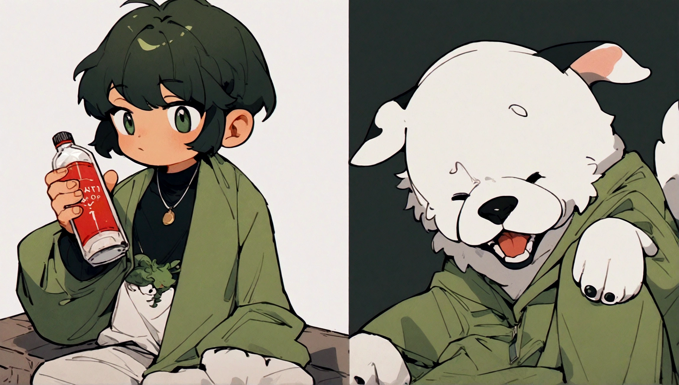 anime boy sitting on the wall,Holding a Coke bottle and a dog, commend, Praise Artstyle, Lofi Art, commend feel, commend vibes, Xin Haicheng Cyril Rolando, commend aesthetics, ( ( Xin Haicheng ) ), Xin Haicheng's style, commend-girl, commend hip hop, Xin Haicheng!