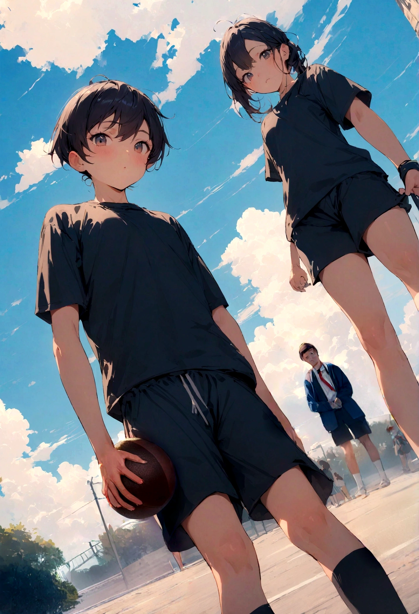 ((RAW Photos)), ((masterpiece)),masterpiece, highest quality, ,, View Viewer, A man wearing shorts with his , With cloud, With blue sky, With a beautiful sky、Primary school students、Primary school students男子、Elementary School Girls、Holding the ball、beautiful、cute、high resolution、Sports、Front facing、Two people stand side by side、The whole body is shown、Stand at an angle、blue sky
