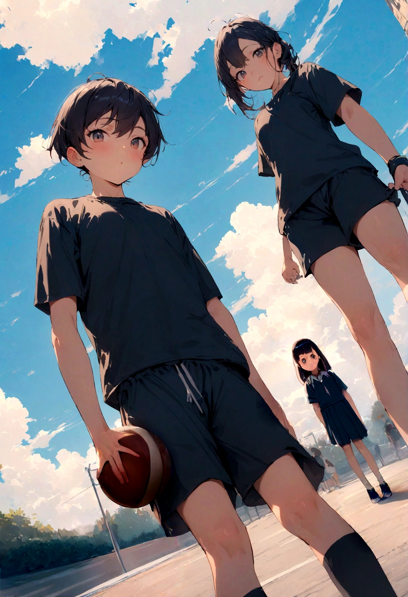 ((RAW Photos)), ((masterpiece)),masterpiece, highest quality, ,, View Viewer, A man wearing shorts with his , With cloud, With blue sky, With a beautiful sky、Primary school students、Primary school students男子、Elementary School Girls、Holding the ball、beautiful、cute、high resolution、Sports、Front facing、Two people stand side by side、The whole body is shown、Stand at an angle、blue sky